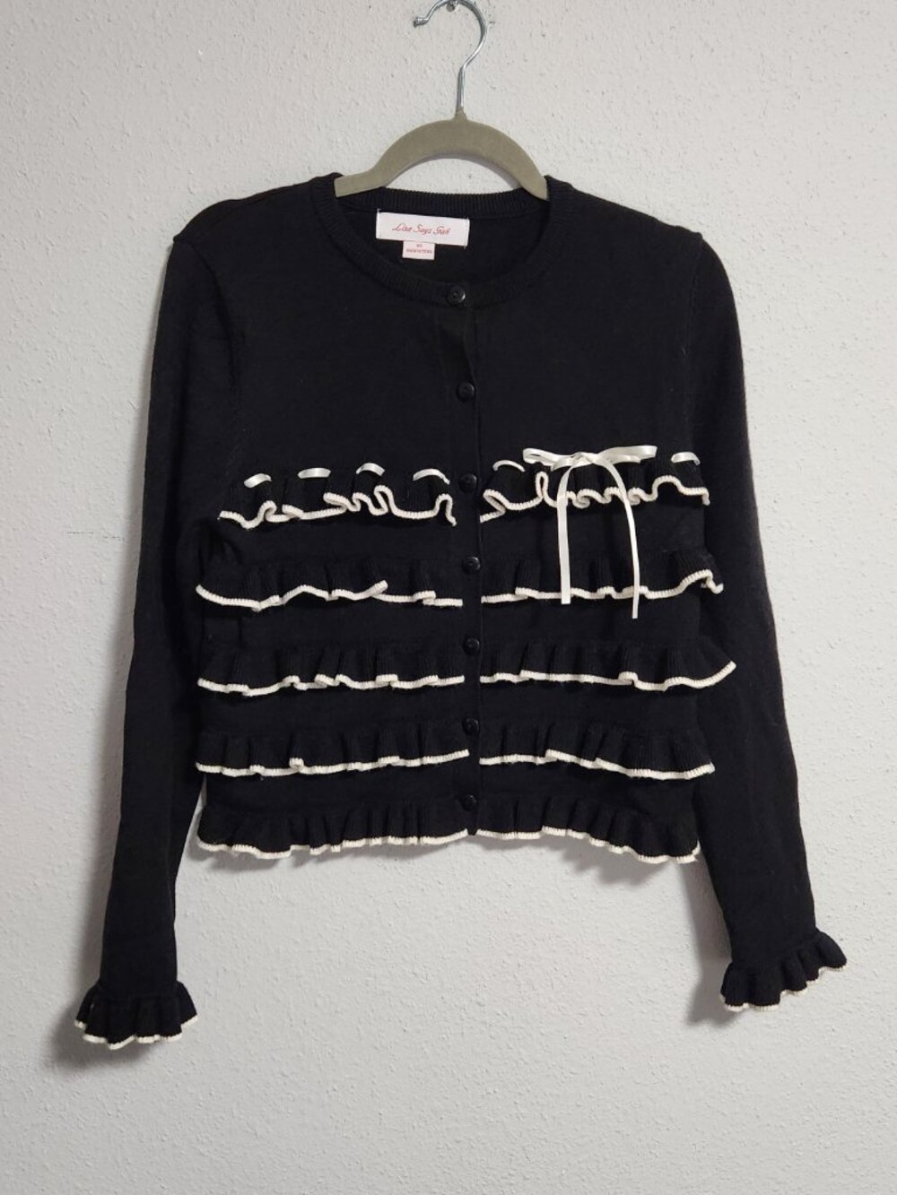 Anthropologie Lisa Says Gah | Black Ruffle Bow Coquette Sweet Sweater Cardigan - Picture 2 of 6